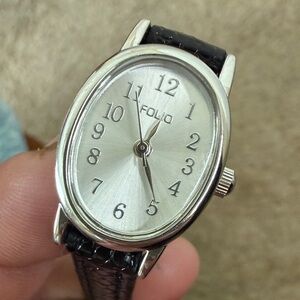 Women’s Folio Silver Oval Watch with Black Strap